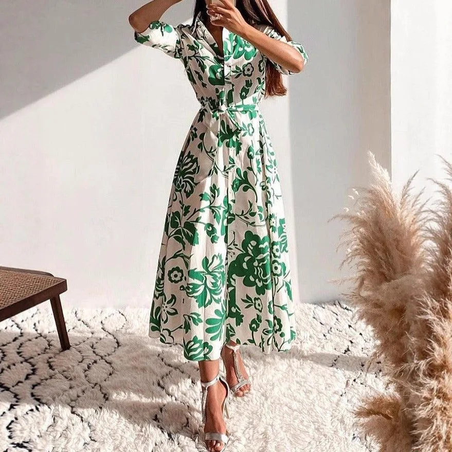 فساتين ماكسي مطبوعة للنساء معانقة الخصر وأكمام طويلة فستان قميص ربيع الخريف سيدة عادية مكتب عطلة فستان رداء #3