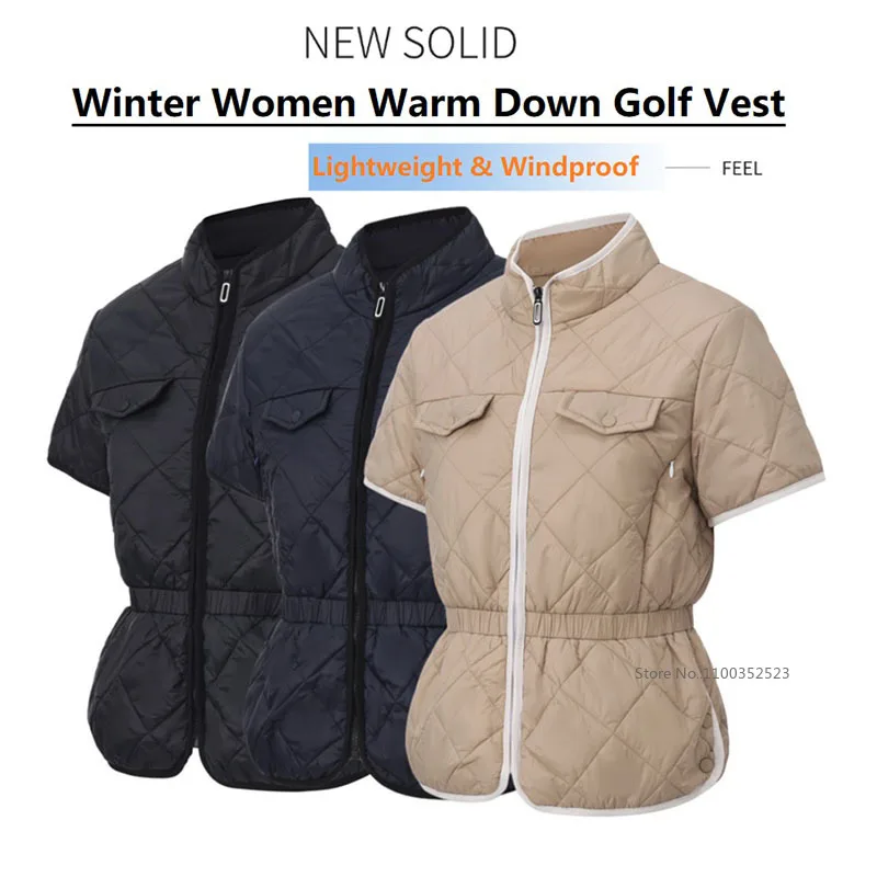 2025 New Women's Golf Down Jacket Autumn and Winter Short Sleeved Coat Ladies Warm Slim Waist Sporty Windbreaker Vest