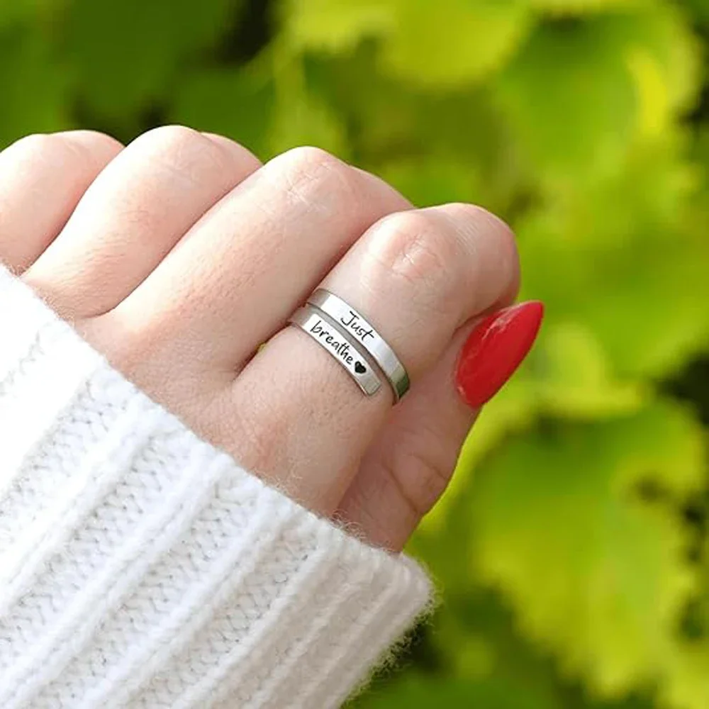 Adjustable Just Breathe Heart Ring for Women Men, Stainless Steel Spiral Wrap Healing Rings, Inspirational Heart felt Gifts