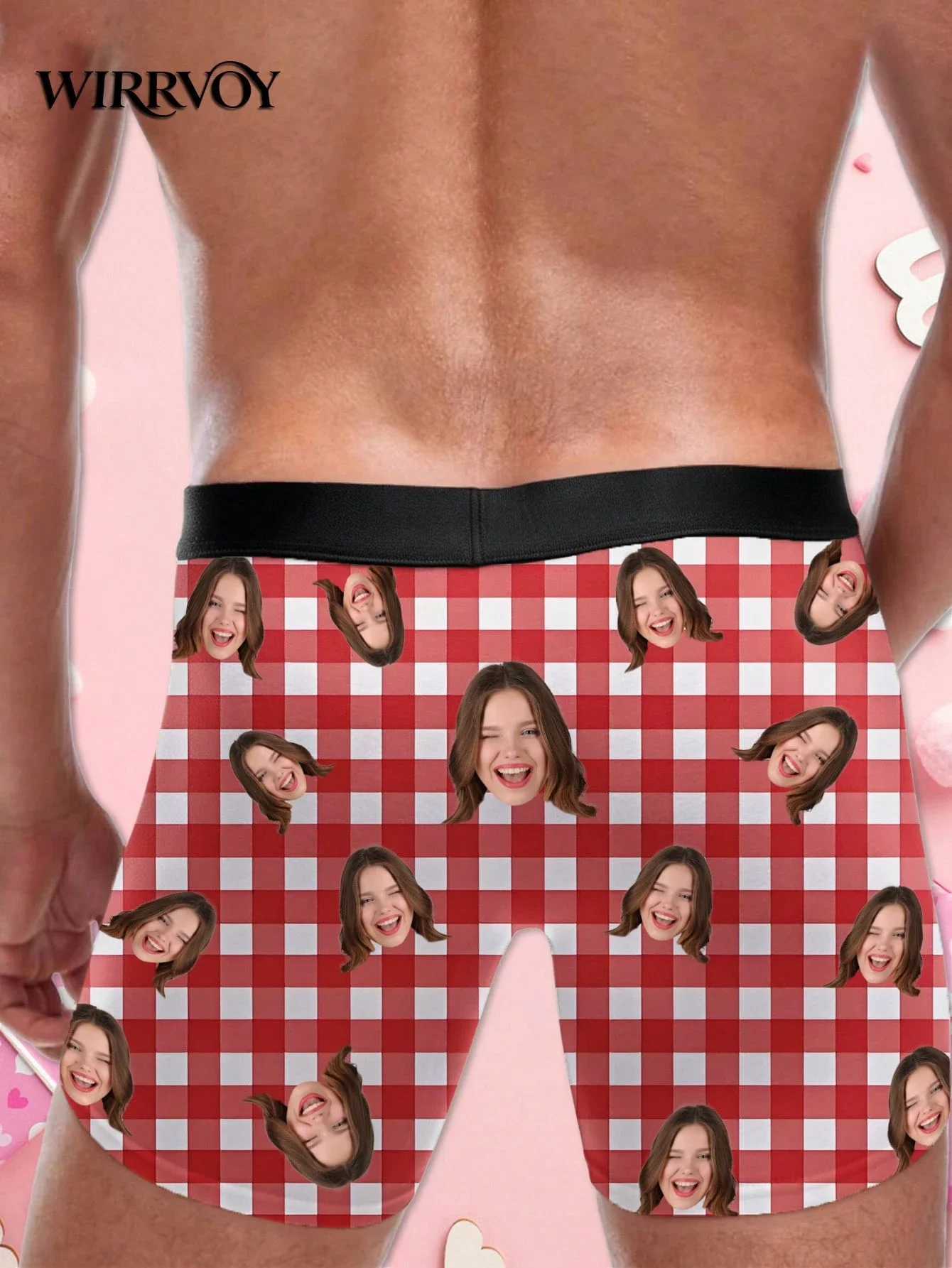 

Customized Boxer Briefs For Men With Photo Print Red Checkered Pattern