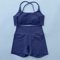 Yoga Shorts Set Gym Two Piece Sports Set Women Workout Outfit Fitness Suit Cross Straps Bra High Waist Shorts Running Tracksuit - Image 5