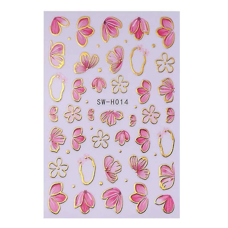 New flower stickers spring gold edge flowers pink cherry blossom bronzing ins adhesive nail stickers