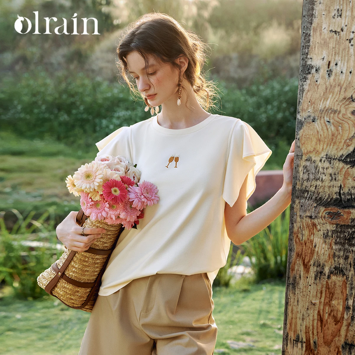 OLrain Women's Casual Ribbed Crew Neck T-Shirt 2026 Summer New Color Contrast Embroidery Loose Ruffle Sleeve Top O58XT005335