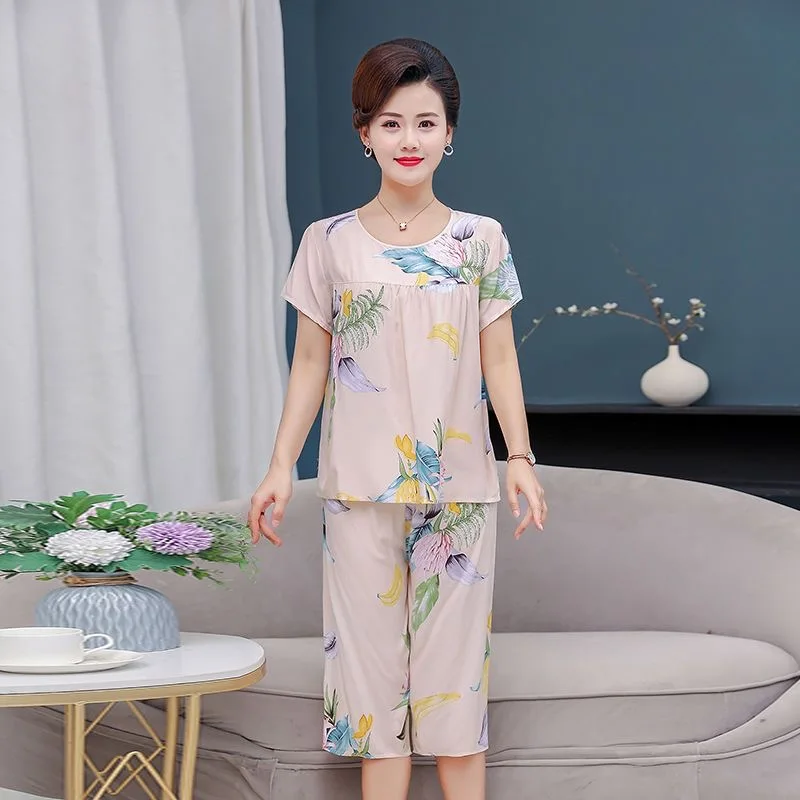 Middle Aged Mother Pajama Set For Women 2 Piece Set Outfit Summer Home Wear Loose Two-piece Suit Big Size Pyjama Pour Femme 4XL