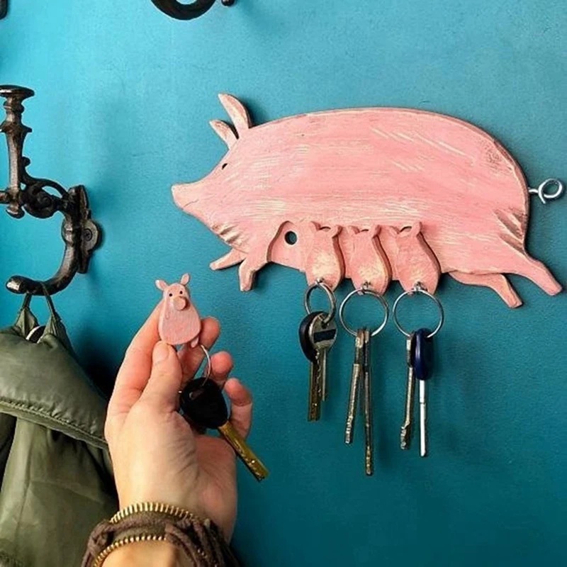 Piggy Key Ring Wall Sculpture Decorative Key Holder Hanging Board Key Chain Pendant Decoration Key Door Hook Durable