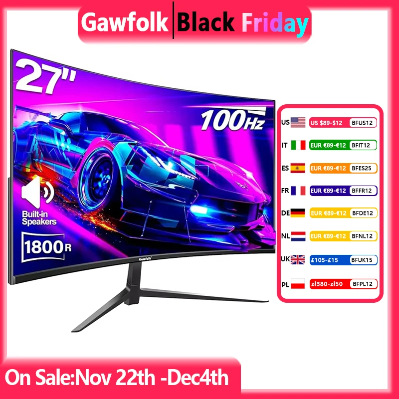 Gawfolk Curved Monitor 27 Inch 100Hz, PC Screen with Speaker 1080P, 1800R 75Hz Computer Monitor with Eye Care Technology HDMI VG