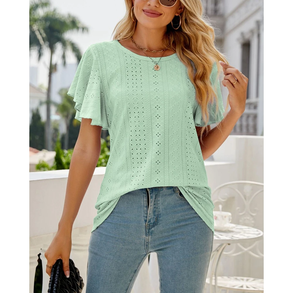 

Women Hollow Out Short Sleeve Casual Shirts Spring O-neck Blouse Summer Basic Daily Top Elegant Outwear Solid Blusa Mujer