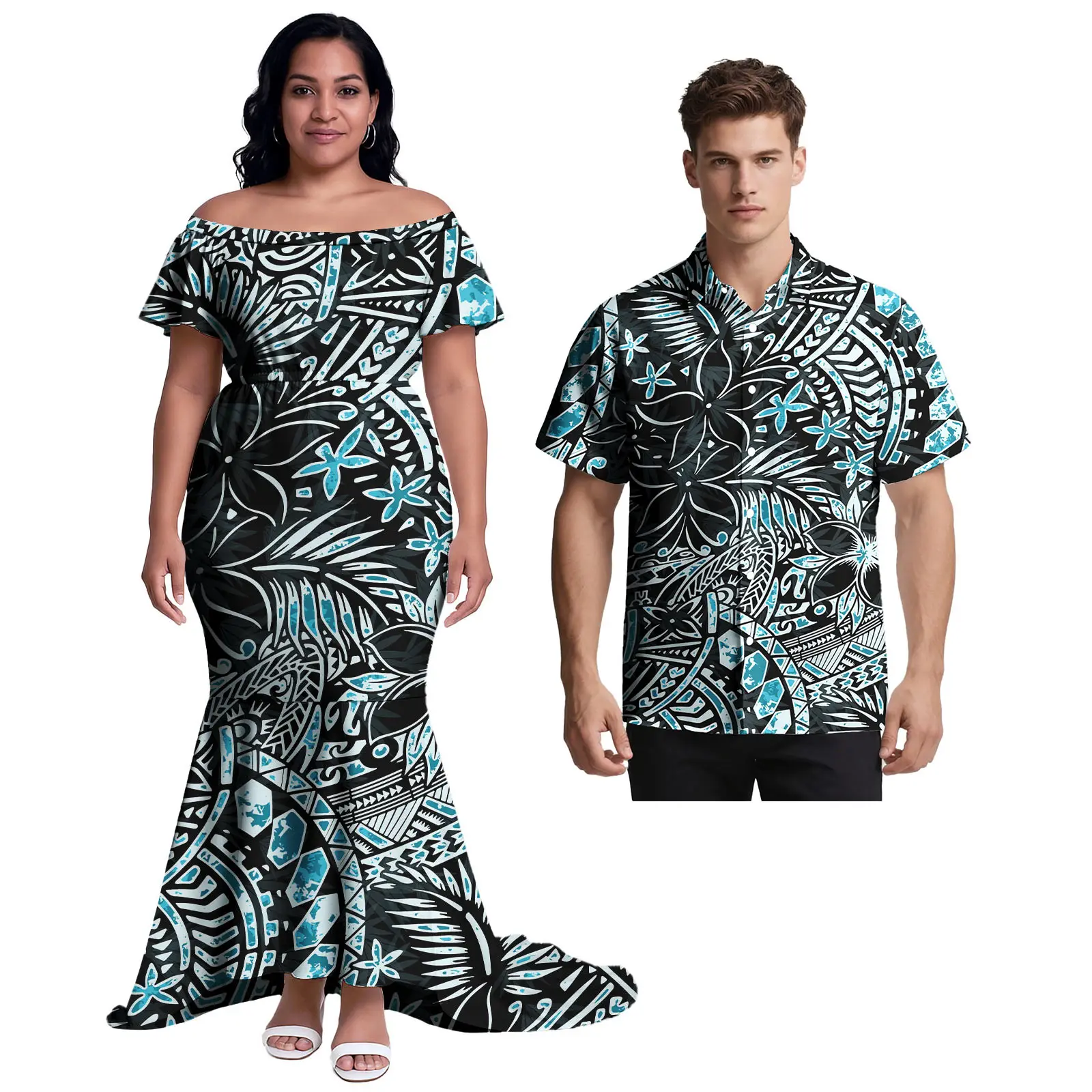 فستان حورية البحر قميص هاواي صيفي للزوجين Monstera Leaf Island Print Aloha قميص ذيل السمكة تنورة بولينيزية للزوجين ملابس متطابقة