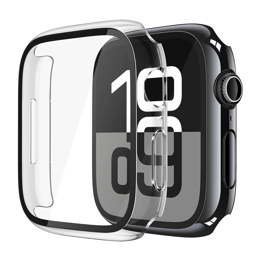 Displayschutzfolie für Apple Watch Gehäuse Serie 12 11 10 9 SE 8 7 6 46mm 42mm 45mm 44mm 40 41 PC-Stoßfänger + gehärtetes Glas iWatch-Hülle – Detail 1