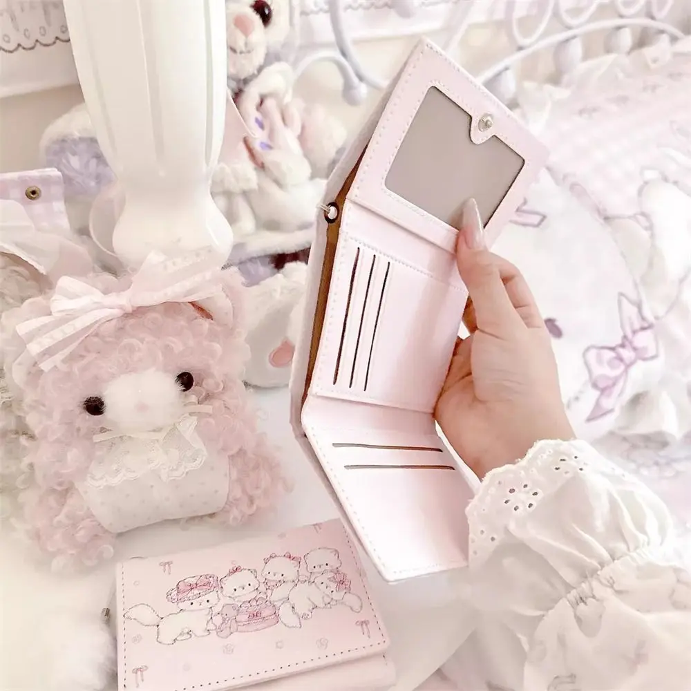 Modny Portfelik Krótki z Nadrukiem Kota Kawaii Składany Portmonetka ze Skóry PU Różowy Wielofunkcyjny Etui na Karty Kredytowe Damski Dziewczęcy Podróżny