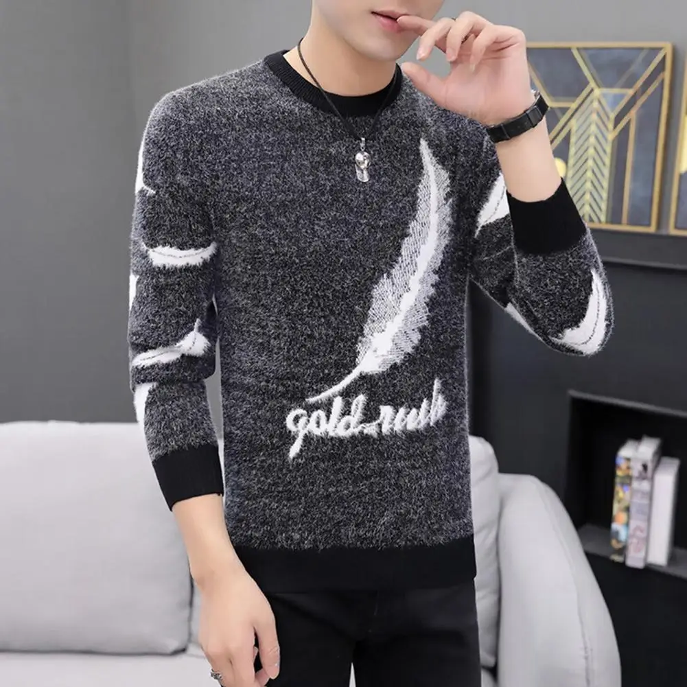 

Men Feather Letter Pattern Sweater Letter Feather Pattern Men Sweater Stylish Korean Men's O-neck Sweater Feather Print for A