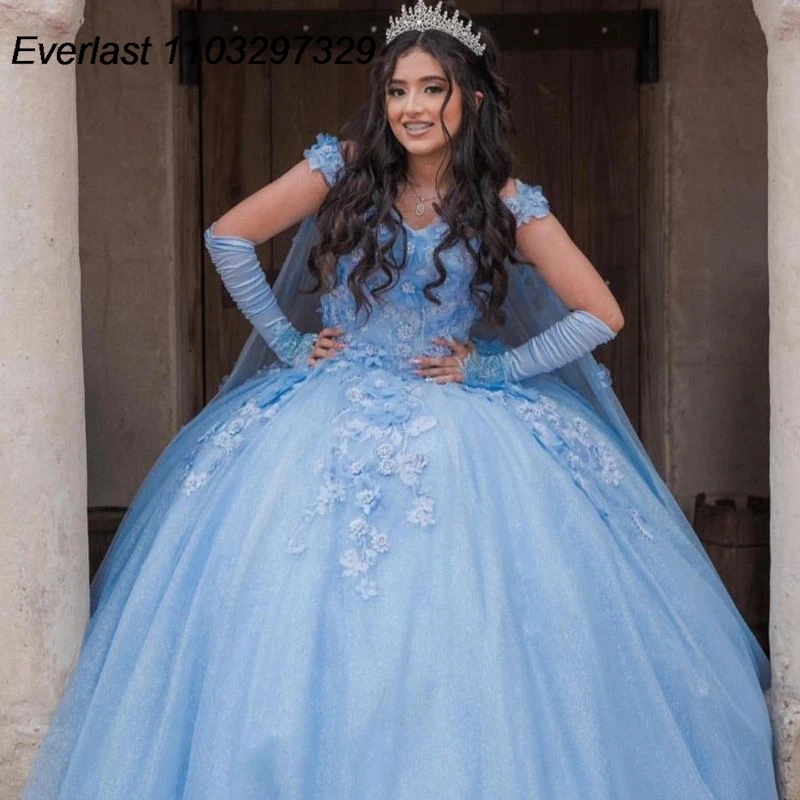 EVLAST Customized Blue Quinceanera Dress Ball Gown 3D Flowers Applique Beads Crystal Cape Sweet 16 Vestidos De XV 15 Anos TQD700