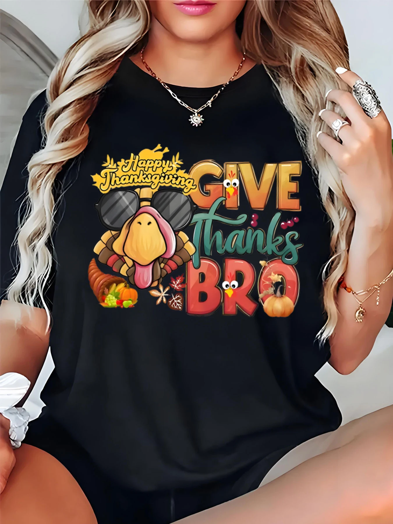Damska koszulka z nadrukiem indyka na Święto Dziękczynienia, codzienna bluzka na przyjęcie świąteczne