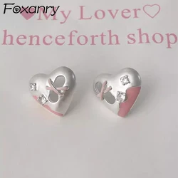 Foxanry Prevent Allergy Zircon Pink Love Heart Stud Earrings For Women Girls Classic Exquisite Sweet Anniversary Jewelry Gifts