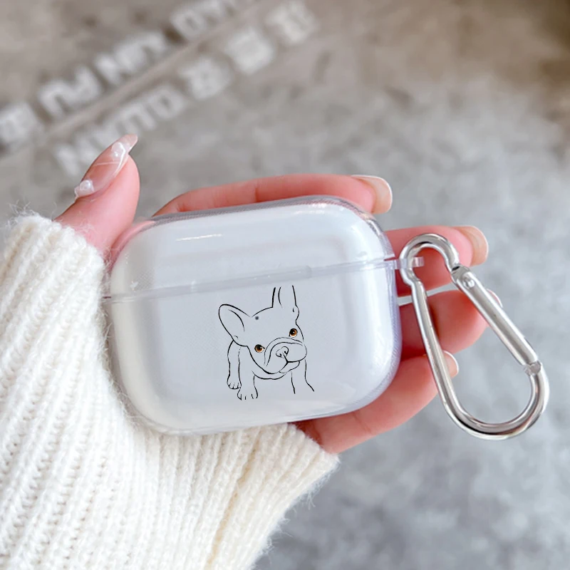 French Bulldog พร้อมตะขอสำหรับ airpod Pro 3 Pro2เคสป้องกันแบบใสเคสอ่อนสำหรับ Apple airpods 2 1เคสหูฟัง