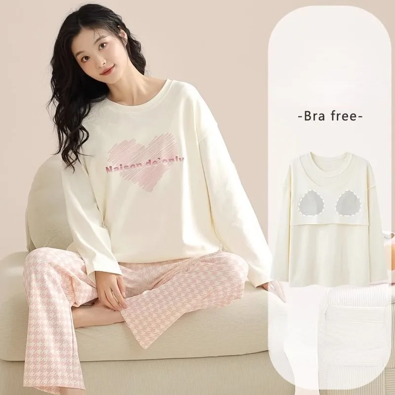 

2024 New 100% Cotton Pajamas Chest Pads Women's Sleepwear Spring Autumn Long Sleeve Homewear Pullover Winter Loungewear Sets