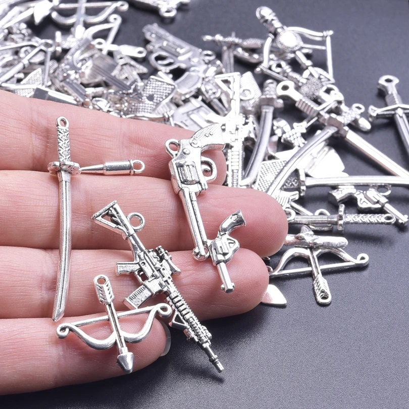 20pcs Mixed Alloy Antique Silver Color Pistol Charm Series Arrow Knife Pendant DIY Craft Handmade Finding Tibetan Silver Charm