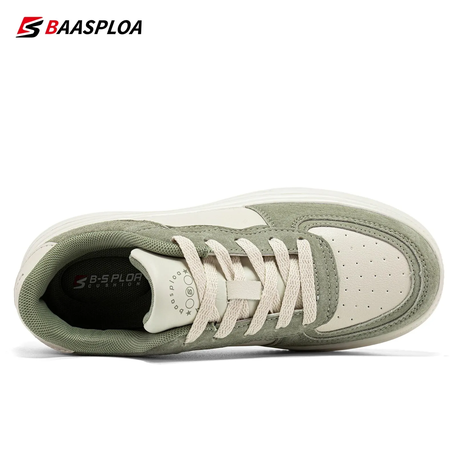 Baasploa Damen-Plateau-Sneaker, modisches Leder, lässig, dicke Sohlen, Schuhe für Damen, bequem, weiße Skateboard-Schuhe, rutschfest