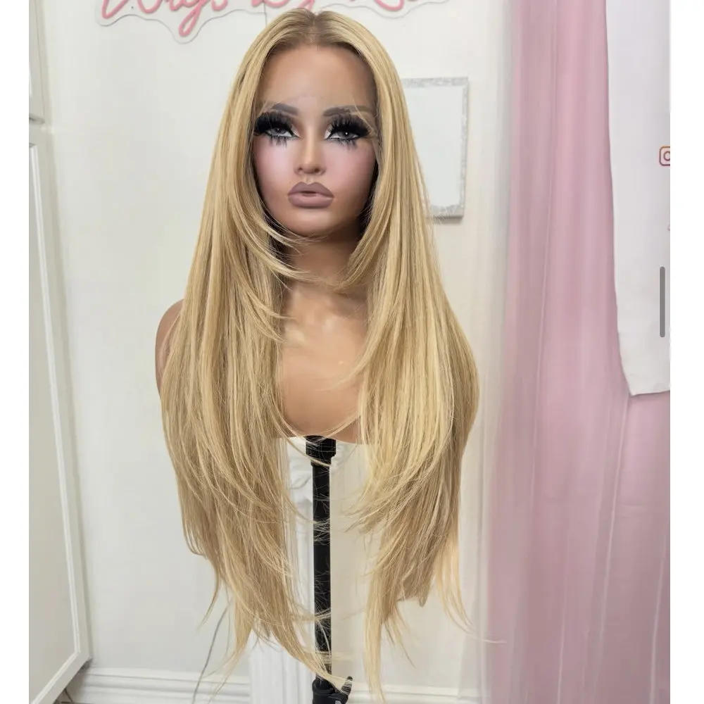 Ombre Blonde Full Lace Perücke aus Echthaar, transparente Spitze, natürlicher Haaransatz, lange, glatte, glatte, klebefreie, vorgezupfte 5*5 HD Lace Perücke – Detail 2