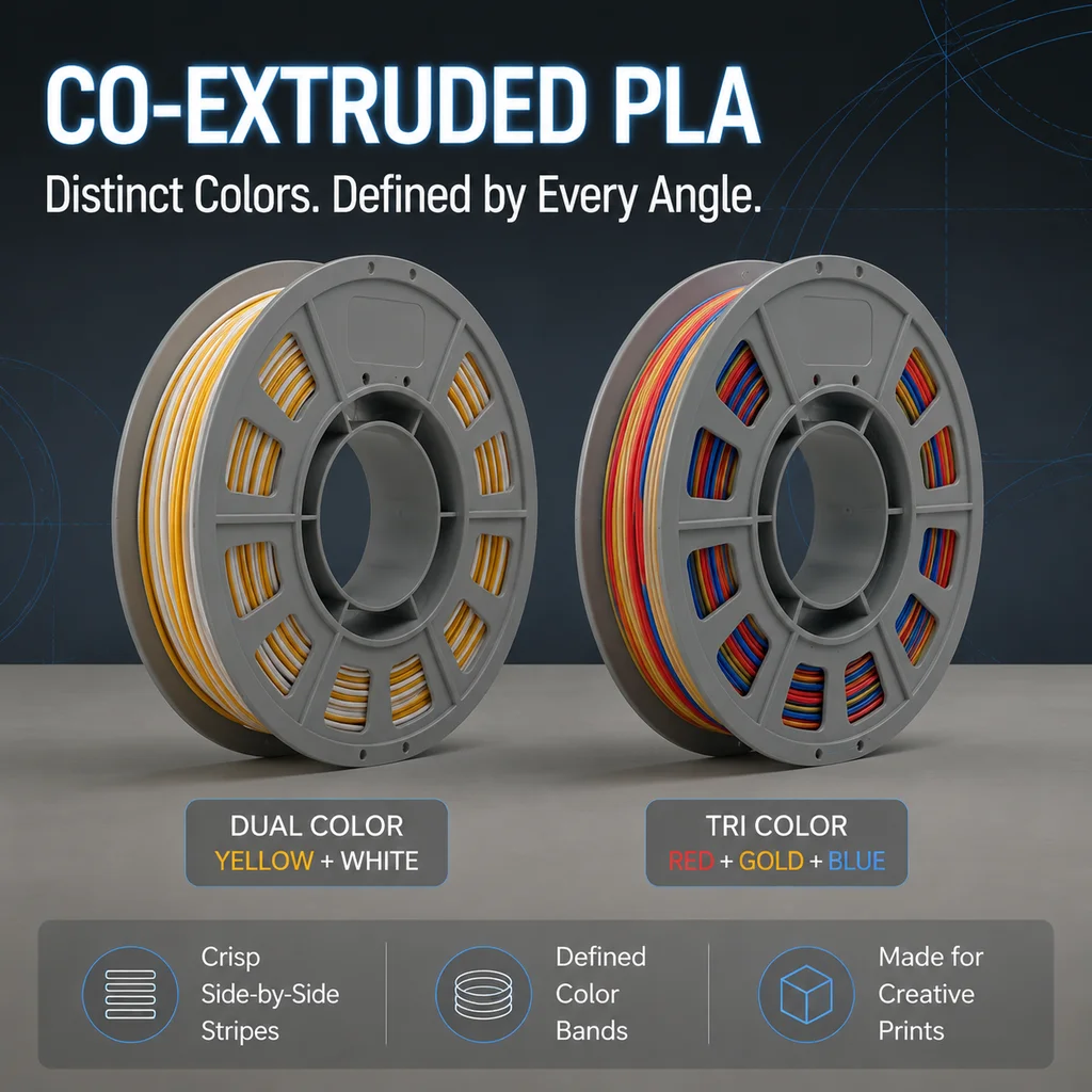 Co-extruded PLA Filament 1.75mm 300g Spool, 2 Options: Yellow White Dual Color / Red Gold Blue 3 Color, Multi-color 3D Printer Material ±0.02mm Tolerance Low Warp for FDM 3D Printing