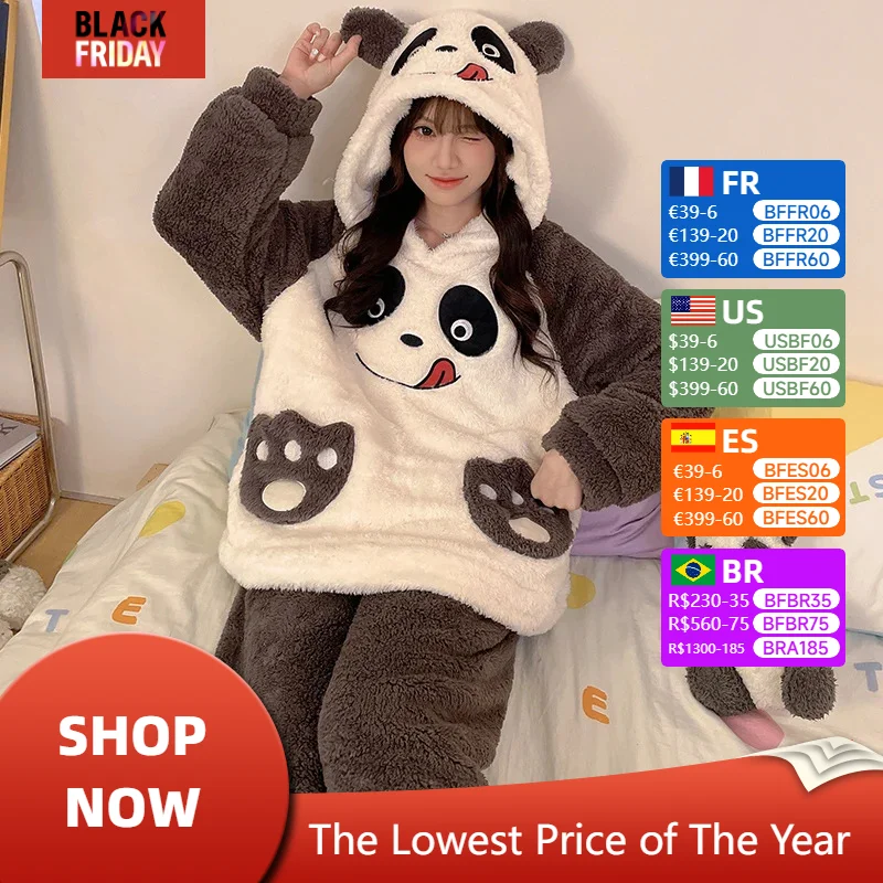 Winter Sleepwear Women Pajama Set Fleece Velvet 2 Piece Cute Panda Home Suit Plush Hooded Piiama Korean Warm Night Wear Homewear