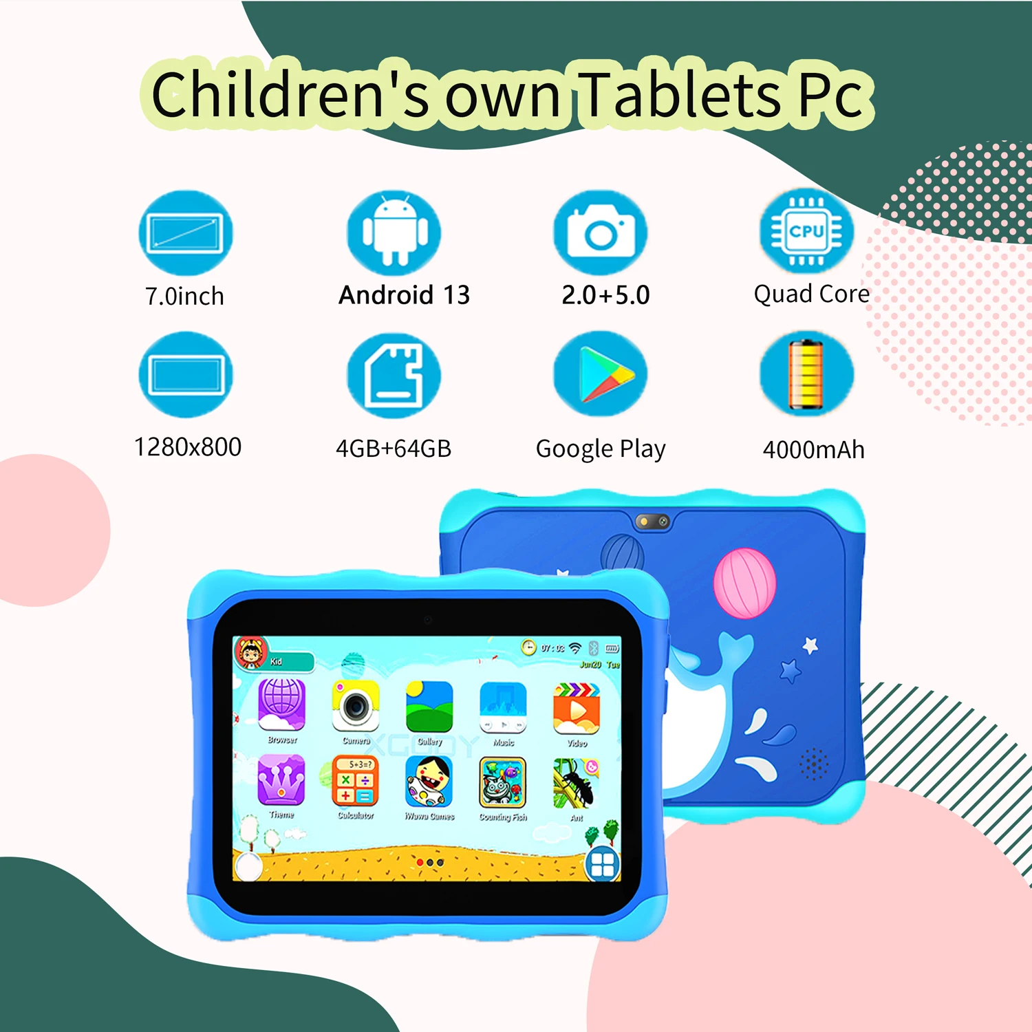 Novo sistema android 13 de 7.0 polegadas tablet infantil, 4gb + 64gb, controle pardo, tablet para aprendizagem e educação,