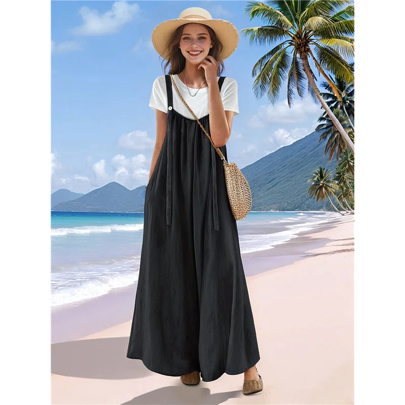 A83F-Casual Breite Bein Overalls Für Frauen Boho Plissee Overalls Strampler Sommer Outfits Mit Taschen