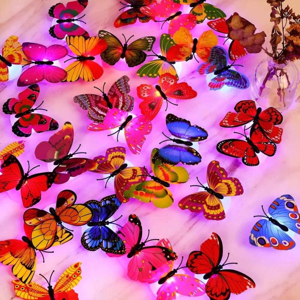 4X 3D Colorful Changing Butterfly Night Light Changing Lamp with Sticker for Home Wedding Party Wall Ambient Lighting Decorative