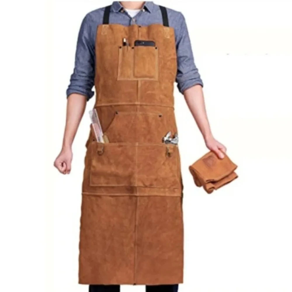 

Flame Resistant Leather Welding Apron Heavy Duty Cowhide Heat Protection Workwear for BBQ Grill Forge Blacksmith Shop