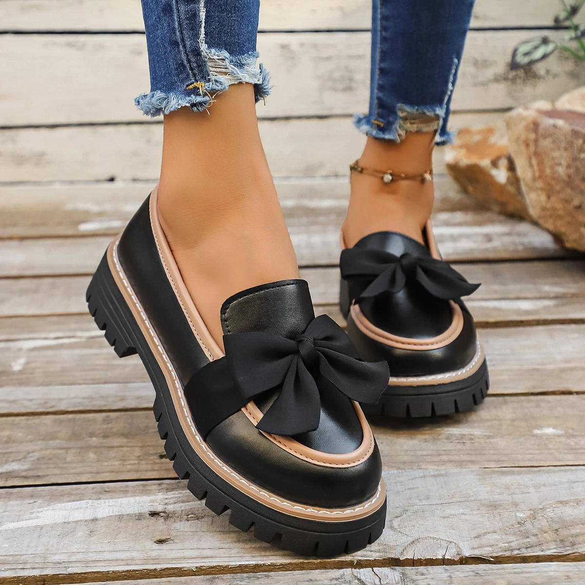 Women Bow Decor Slip‑On Loafers Contrast‑Trim Faux Leather Lug‑Sole Chunky Platform Round‑Toe Vintage Office Casual Daily Shoes