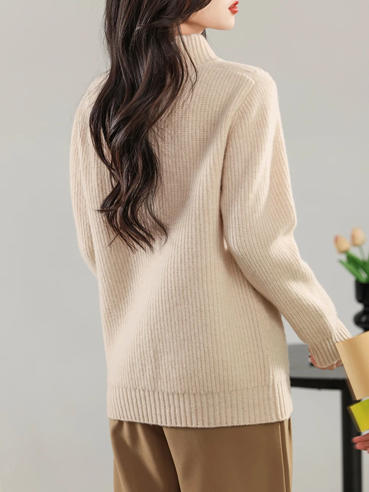 

Chic Exquisite Women's Casual Basic Soft Solid Mock Neck Zipper Cardigan Thick Cable Stitch 100% Merino Wool Knitwear Sweater