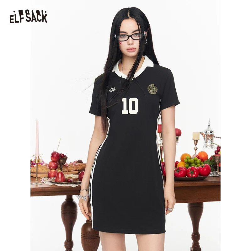 

ELFSACK Jersey Style Mini Dress, Sporty Number 10 Print Dress, Casual V-neck Short Sleeve Dress for Women