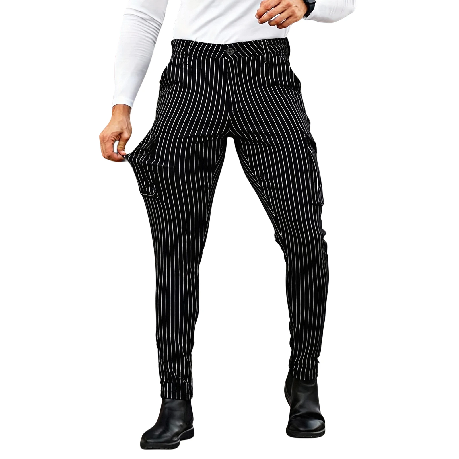 Men Striped Cargo Suit Pants Mid Waist Tapered Slim Fit Multi‑Pocket Business Casual Formal Long Trousers For Men