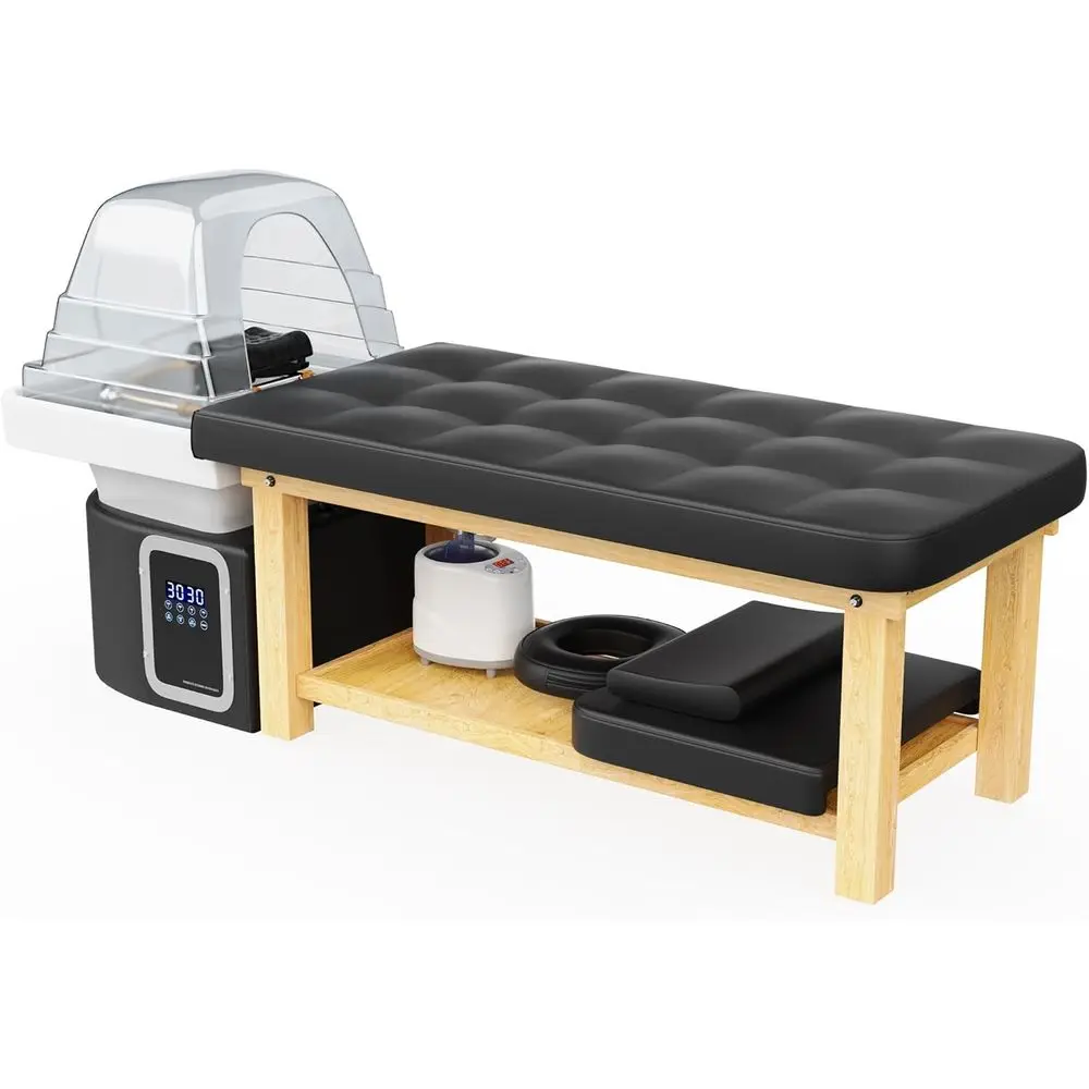 

Sturdy Salon Head Spa Bed with Water Cycle and Fumigation, Stationary Massage Table with U-Shaped Basin and Wooden Frame
