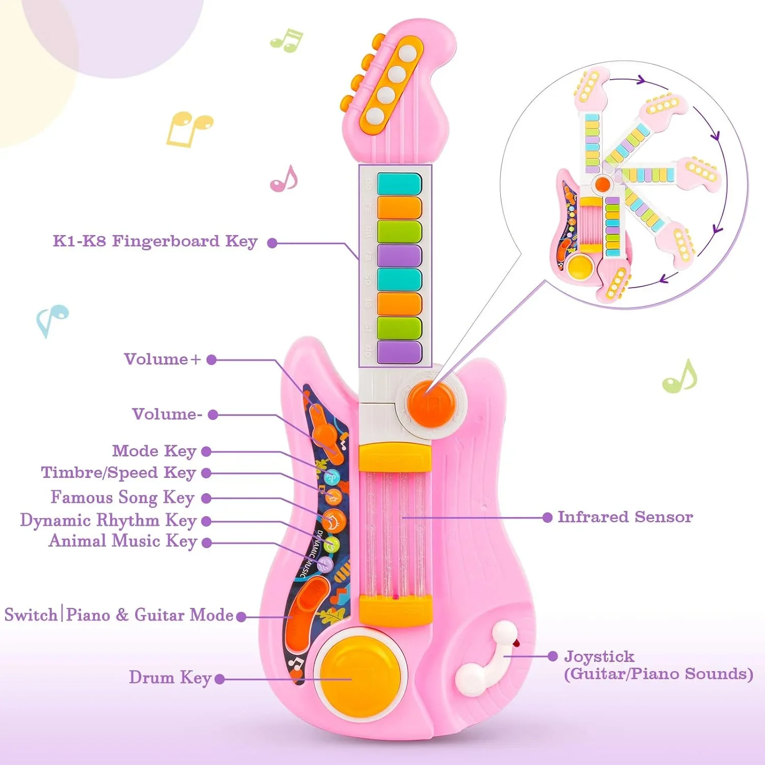2-em-1 crianças guitarra elétrica piano brinquedo dobrável instrumento musical luzes cinta educacional diversão música presente para meninos meninas idade 2-5