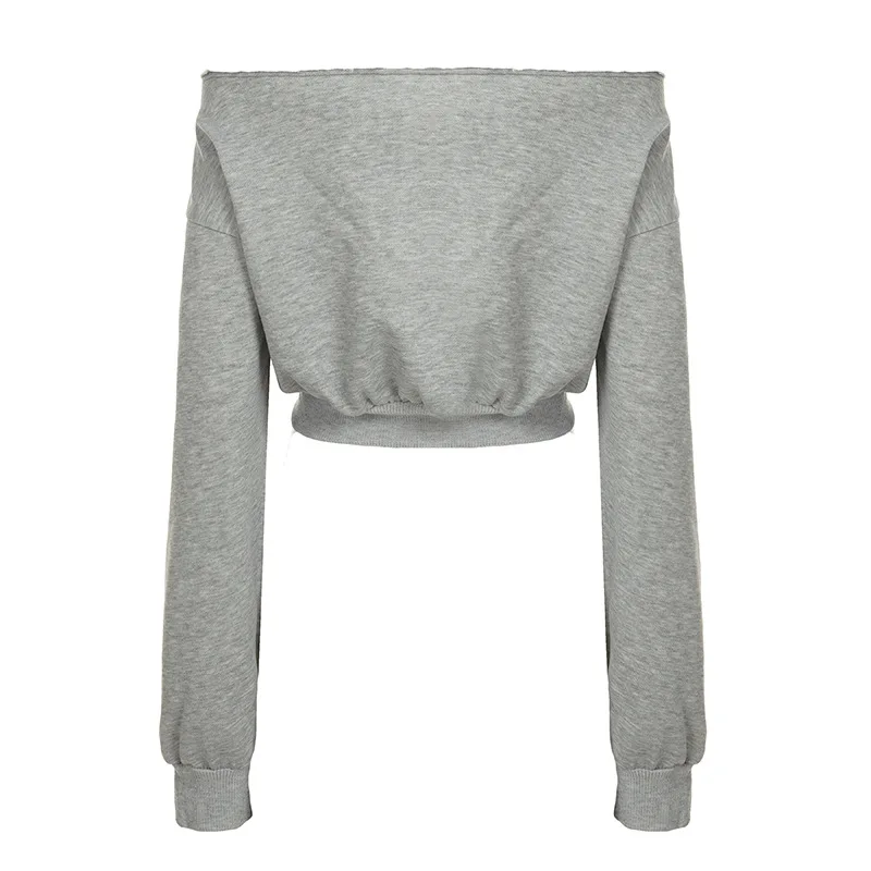 립 프린트 슬로핑 숄더 루즈 캐주얼 스웨트셔츠 2025 가을 배색 긴팔 크롭탑 파티 클럽 스트리트웨어