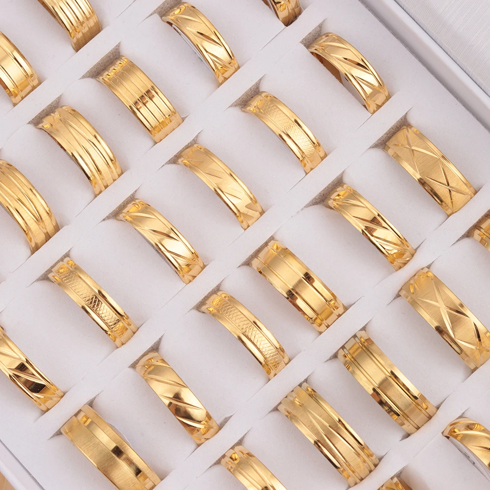 24pcs/lot Fashion Stainless Steel Stripe Gold Color Rings For Men Mix Style Party Gifts Jewelry Wholesale