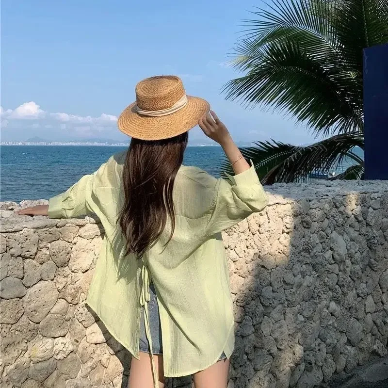 

Summer Sun Protective Clothes Women's Open Back Bandage Shirt Fairy Long Sleeves Loose Ins Thin Cardigan Korean Design Blusas