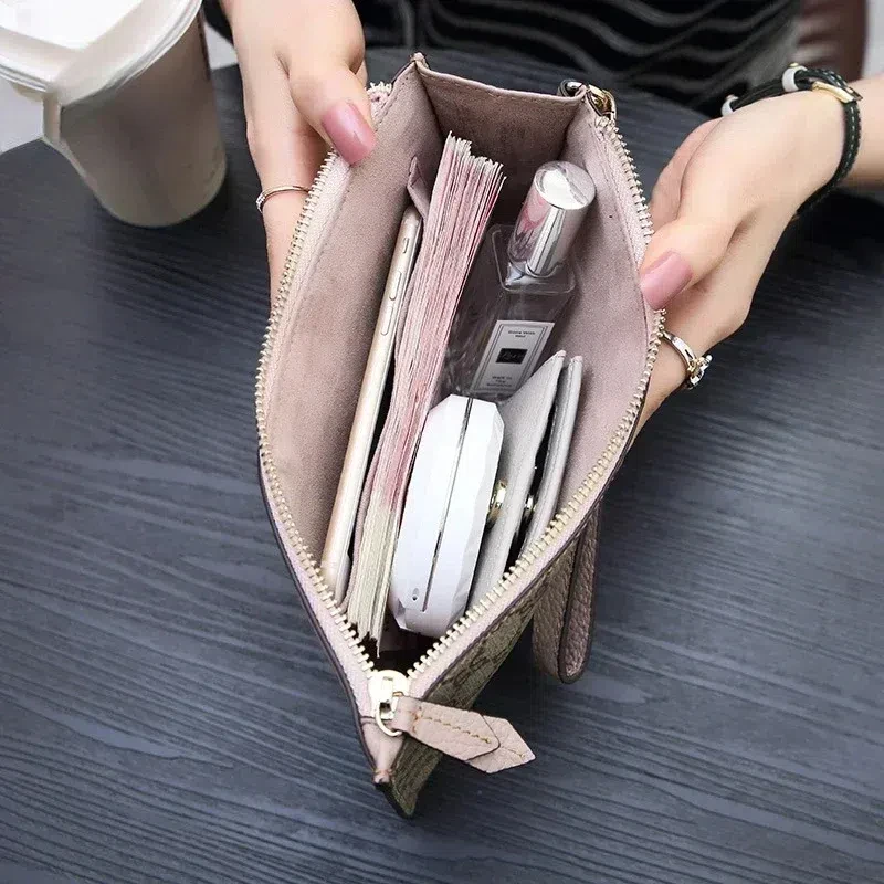 Women Fashion Clutch Wallets PVC + Genuine Cow Leather Strip Letter Cellphone Holder Envelop Money Clip With Zipper Handbag