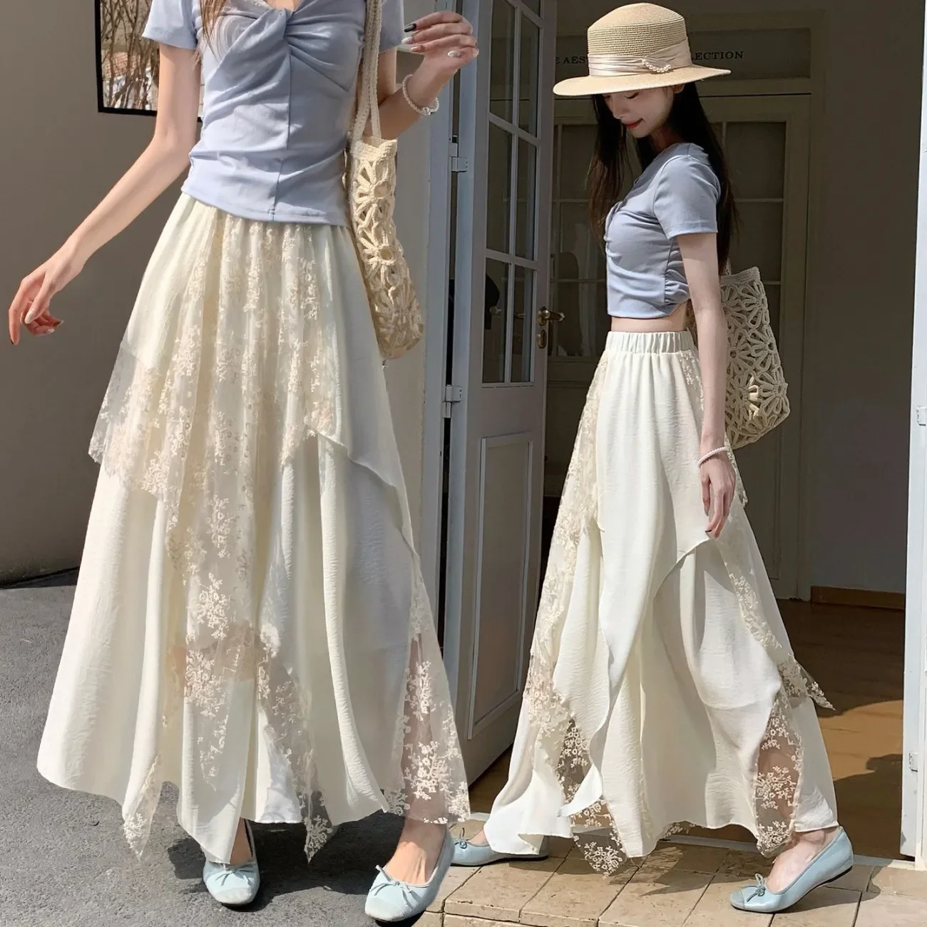 Black Floral Lace Asymmetrical Floor Length Skirt Loose Bohemian Maxi Skirt for Women Summer Casual Wear