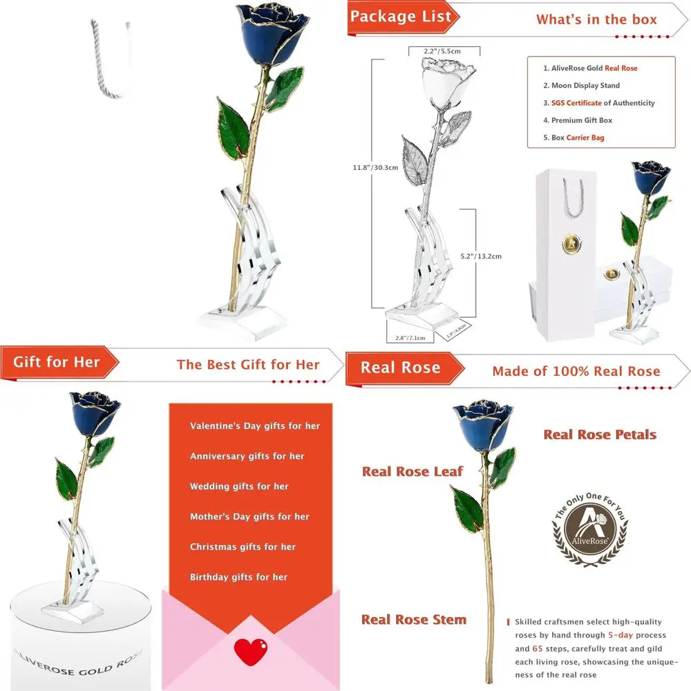 Rosa Real Bañada en Oro de 24K - Única, Azul, Hecha a Mano con Base para el Día de San Valentín o el Día de la Madre