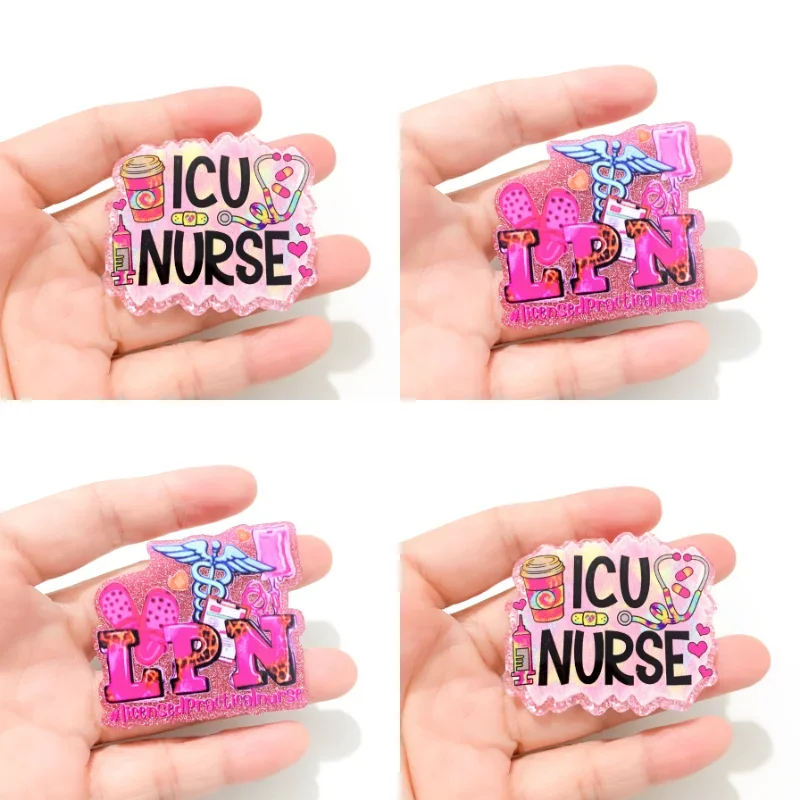 1PC 48MM Glitter LPN ICU Nurse Acrylic Charms Fit DIY ID Card Badge Holder Stethoscope Jewelry Making For Hospital Workers Gift