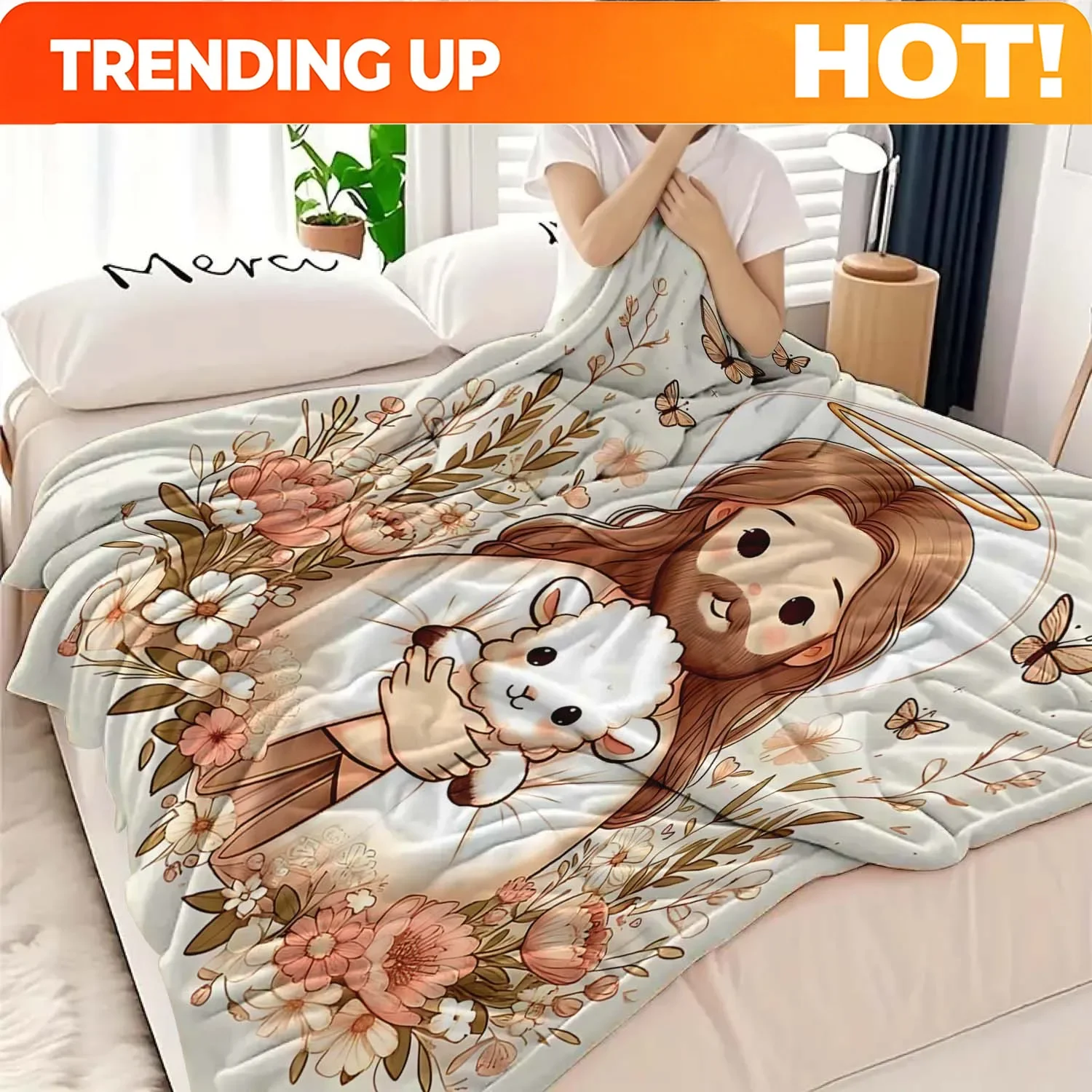 Customization 1pc Lightweight Flannel Blanket Features Cartoon Embracing A Little Lamb Design – Ideal Holiday Gift For Family Or