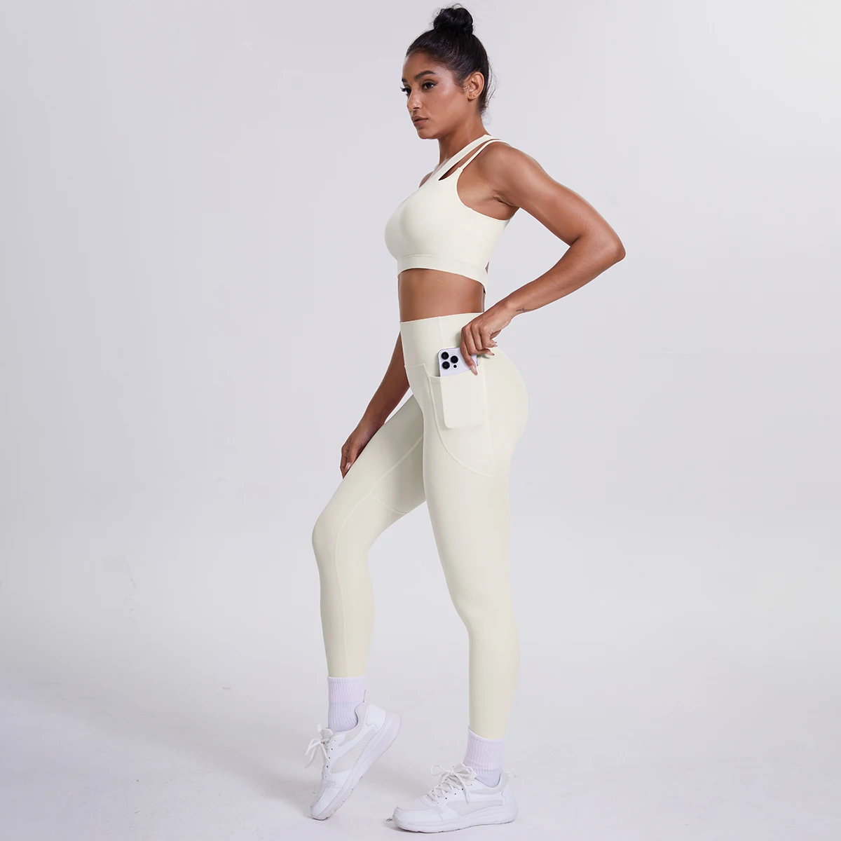 2-teiliges einfarbiges Sport-Yoga-Set für Damen, sexy, schräger Schulter-BH, Fitness-Top, Laufen, Radfahren, Taschen, Hosen, Fitnessstudio, Yoga-Set – Detail 22
