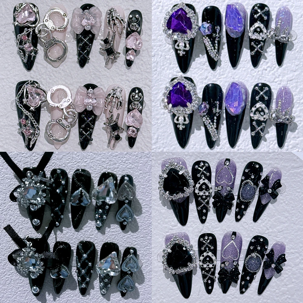 

Handmade Fashion Dark Wind Wearable Press On Nails 3D Rhinestone Gothic Heavy Metal Wind Long Coffin Full Cover Nail Art