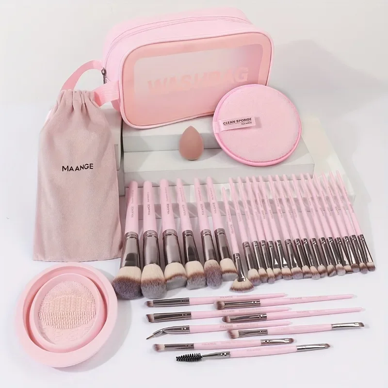 35pcs Professional Makeup Brush Set Includes 30 Brushes, a Velvet Pouch, a Beauty Sponge, a Makeup Remover Puff.