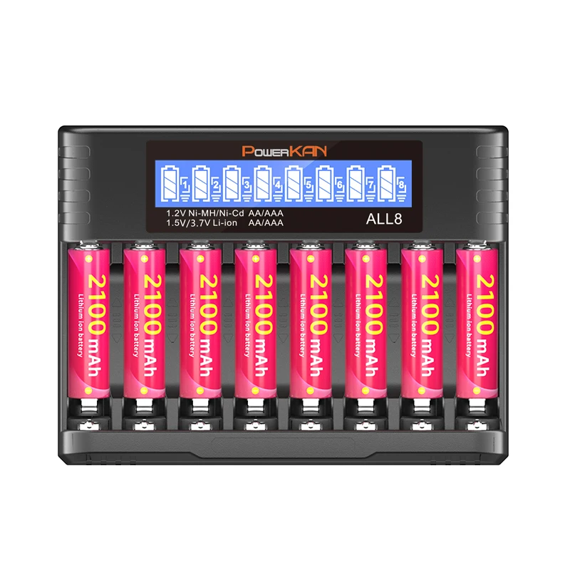 POWERKAN ALL8 charger, 8-slot high-speed LCD AA/AAA charger, suitable for 1.2V Ni-MH 1.5V/3.7V Li-ion rechargeable batteries