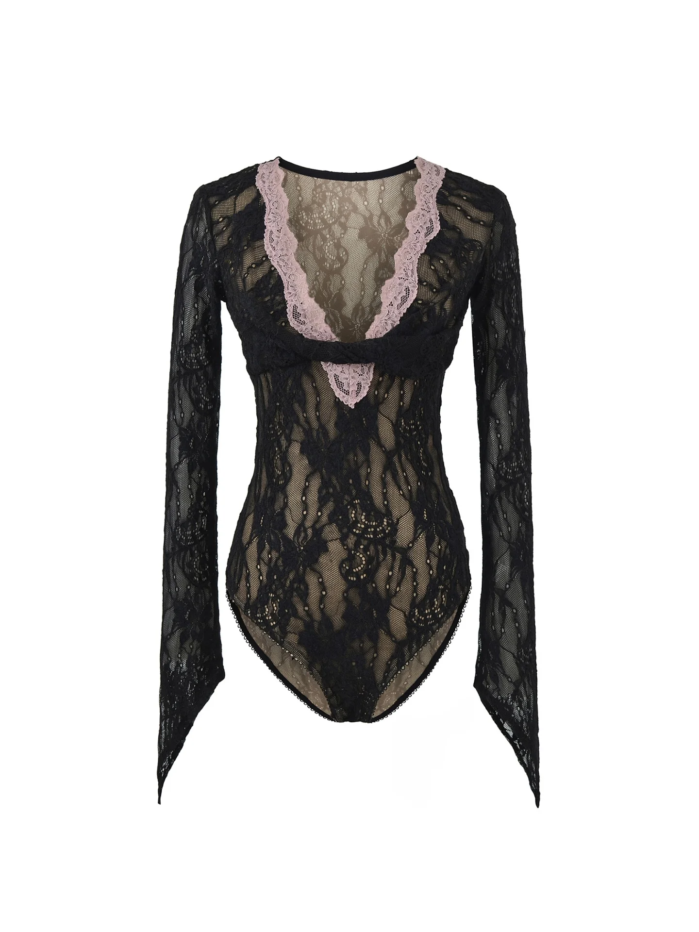 Retro Cotton Lace Bodysuit V-Ne Color Blo Tight Fit Sexy Knot High Waist ort Sve Inner Wear T-irt Women's Faion