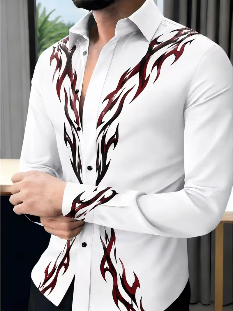 New white red black flame totem slim fit 3D printed shirt with dark street motorcycle style men's long sleeved shirt