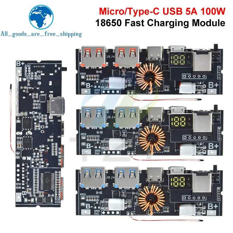 TZT 1/3pcs  QC4.0 QC3.0 LED Dual USB PD Fast Charge 5A 100W Micro/Type-C USB Mobile Power Bank 18650 Charging Module